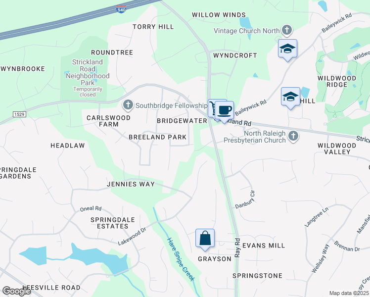 map of restaurants, bars, coffee shops, grocery stores, and more near 3929 Sunridge Road in Raleigh
