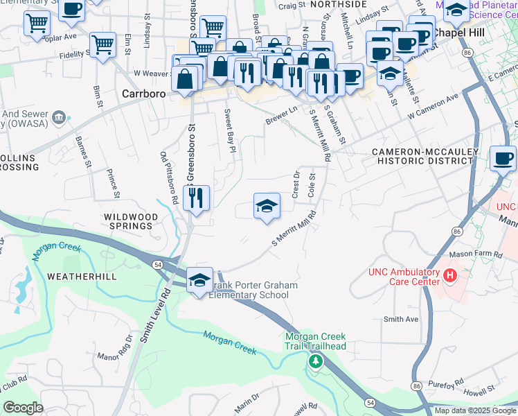 map of restaurants, bars, coffee shops, grocery stores, and more near 123 Johnson Street in Chapel Hill
