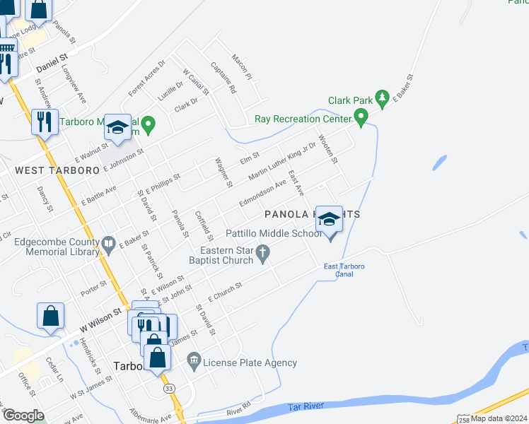map of restaurants, bars, coffee shops, grocery stores, and more near 800 Leaf Street in Tarboro