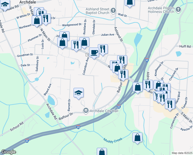 map of restaurants, bars, coffee shops, grocery stores, and more near 216 Rivermeade Drive in Archdale
