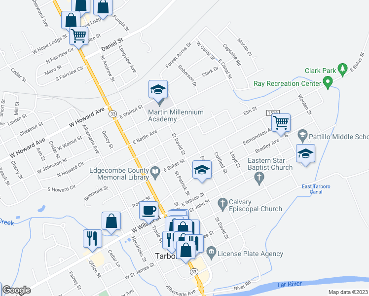 map of restaurants, bars, coffee shops, grocery stores, and more near 907 Saint David Street in Tarboro