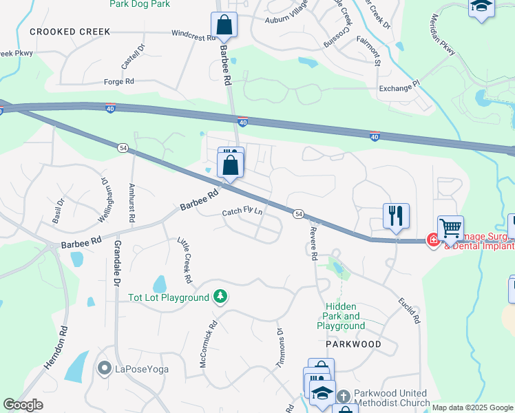 map of restaurants, bars, coffee shops, grocery stores, and more near 1241 Catch Fly Lane in Durham
