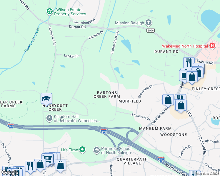 map of restaurants, bars, coffee shops, grocery stores, and more near 9421 Barton Creek Road in Raleigh