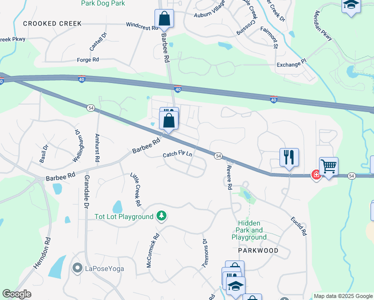 map of restaurants, bars, coffee shops, grocery stores, and more near 1227 Catch Fly Lane in Durham