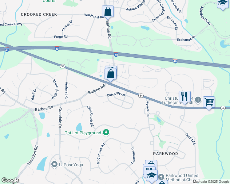 map of restaurants, bars, coffee shops, grocery stores, and more near 1114 Catch Fly Lane in Durham