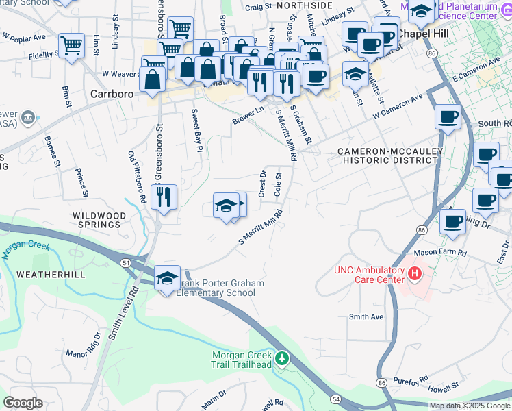 map of restaurants, bars, coffee shops, grocery stores, and more near 105 Johnson Street in Chapel Hill