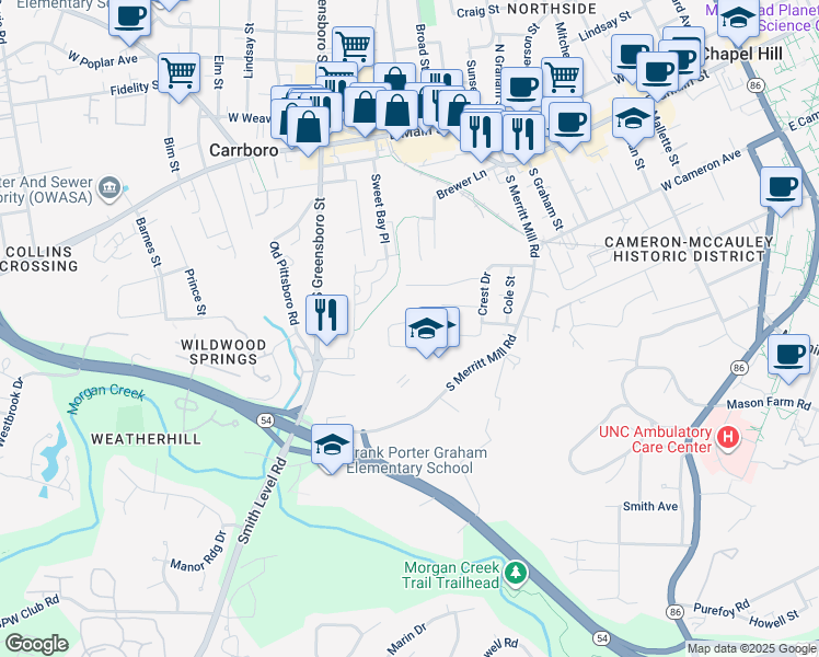 map of restaurants, bars, coffee shops, grocery stores, and more near 150 Lincoln Lane in Chapel Hill