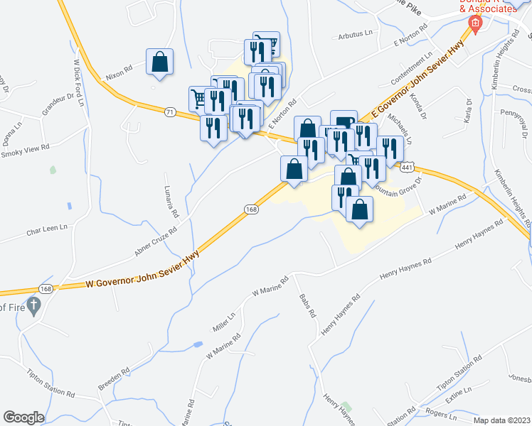 map of restaurants, bars, coffee shops, grocery stores, and more near 401 West Marine Road in Knoxville