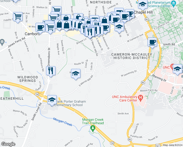 map of restaurants, bars, coffee shops, grocery stores, and more near 700 South Merritt Mill Road in Chapel Hill