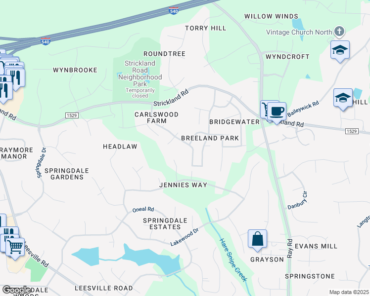 map of restaurants, bars, coffee shops, grocery stores, and more near 9313 Carlswood Court in Raleigh