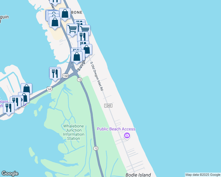 map of restaurants, bars, coffee shops, grocery stores, and more near 8123UT205 South Old Oregon Inlet Road in Nags Head