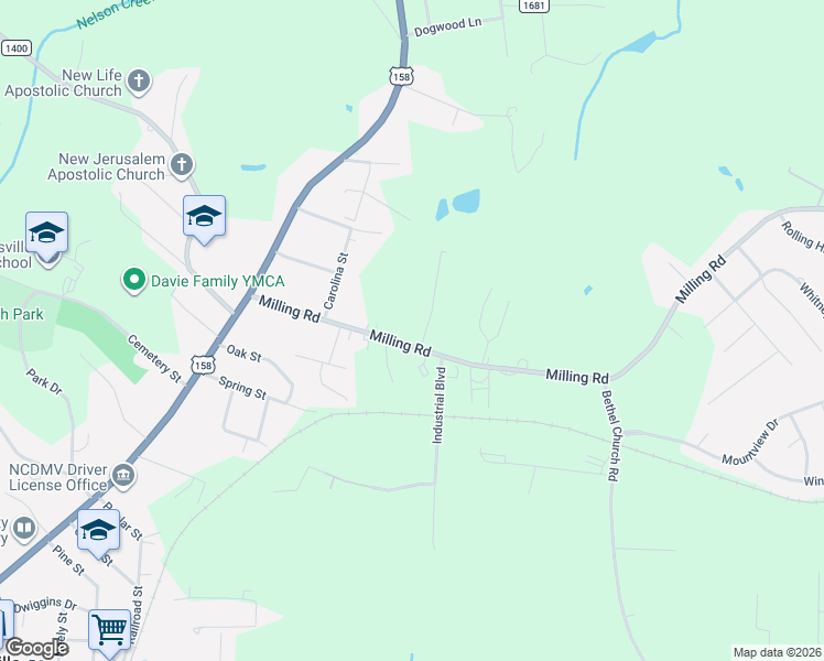 map of restaurants, bars, coffee shops, grocery stores, and more near 301 Milling Road in Mocksville