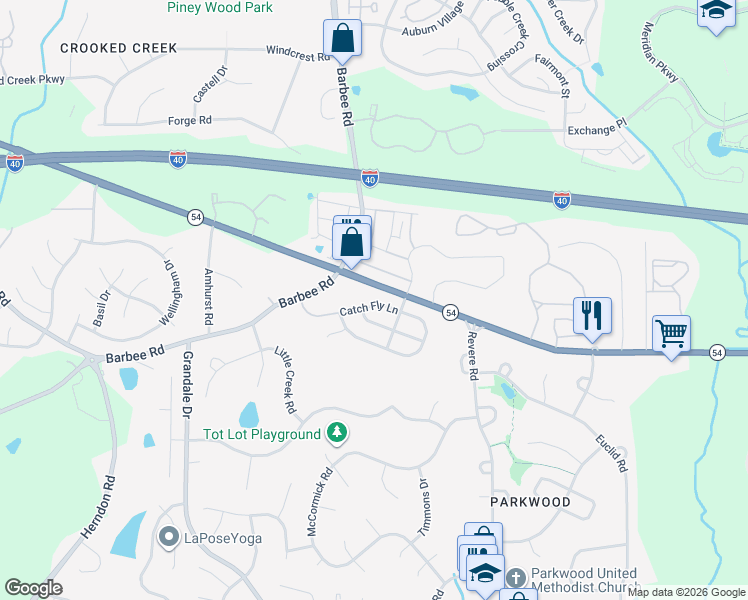 map of restaurants, bars, coffee shops, grocery stores, and more near 1215 Catch Fly Lane in Durham