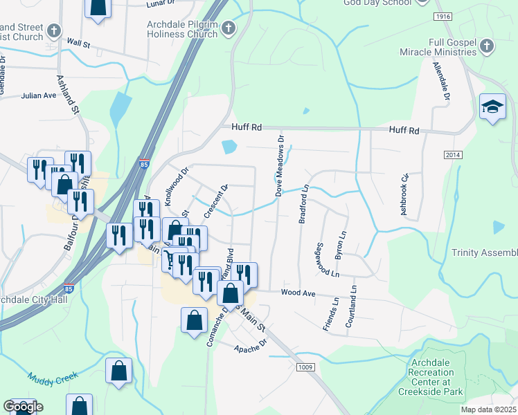 map of restaurants, bars, coffee shops, grocery stores, and more near 318 Tarheel Drive in Archdale