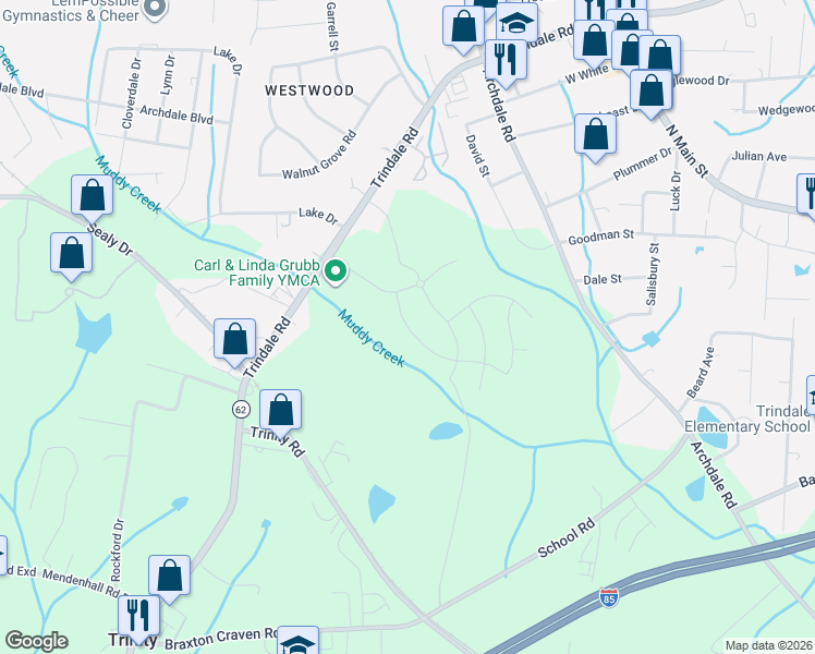 map of restaurants, bars, coffee shops, grocery stores, and more near 678 English Farm Road in Trinity