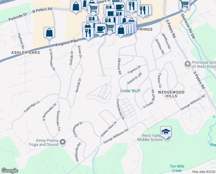map of restaurants, bars, coffee shops, grocery stores, and more near 350 Amberleigh Bluff Way in Knoxville