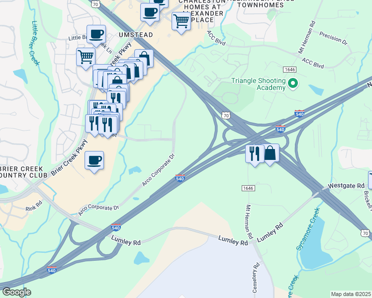 map of restaurants, bars, coffee shops, grocery stores, and more near 8051 Arco Corporate Drive in Raleigh