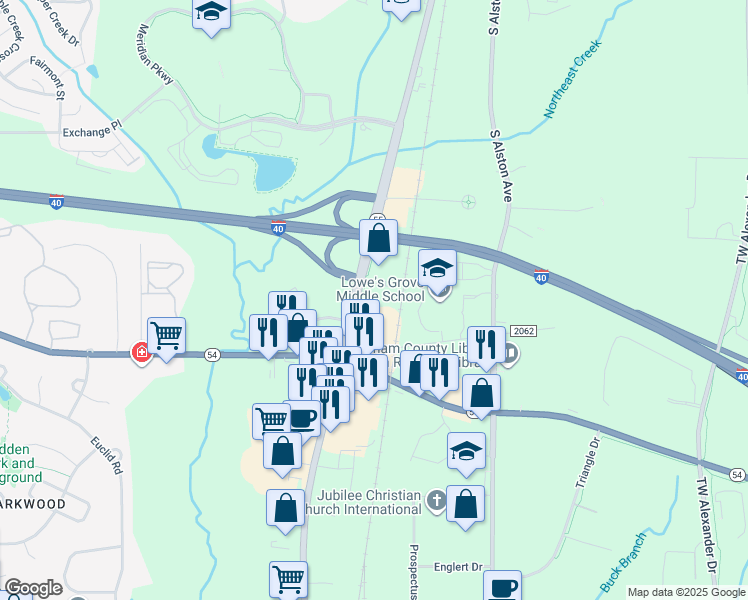 map of restaurants, bars, coffee shops, grocery stores, and more near in Durham