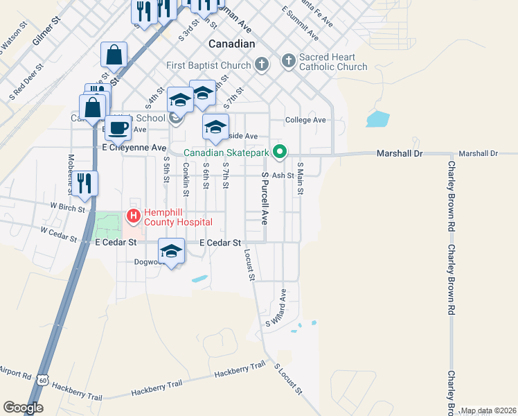map of restaurants, bars, coffee shops, grocery stores, and more near South Purcell Avenue in Canadian