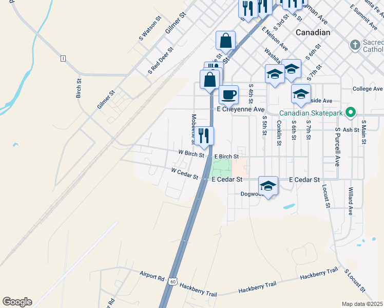 map of restaurants, bars, coffee shops, grocery stores, and more near Mobeetie Street in Canadian