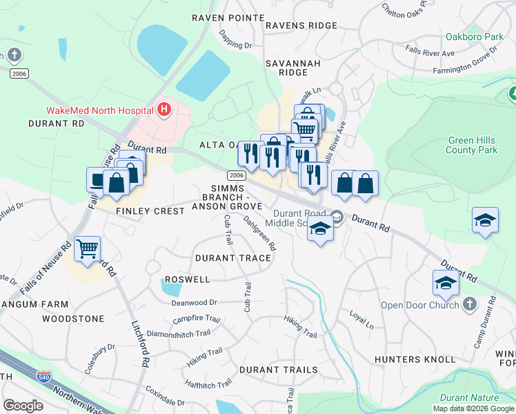 map of restaurants, bars, coffee shops, grocery stores, and more near 2904 Dahlgreen Road in Raleigh