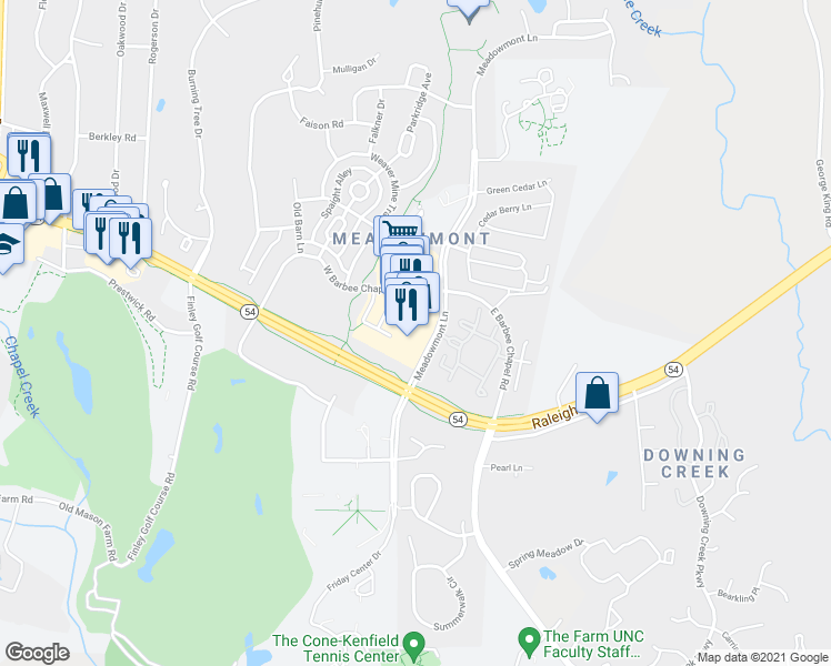 map of restaurants, bars, coffee shops, grocery stores, and more near 301 Meadowmont Village Circle in Chapel Hill