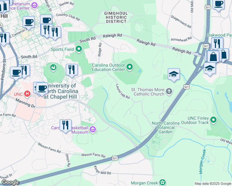 map of restaurants, bars, coffee shops, grocery stores, and more near 209 Laurel Hill Road in Chapel Hill