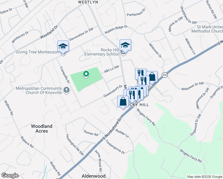 map of restaurants, bars, coffee shops, grocery stores, and more near 7705 Queensbury Drive in Knoxville