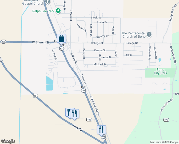 map of restaurants, bars, coffee shops, grocery stores, and more near 120 Redwood Drive in Bono