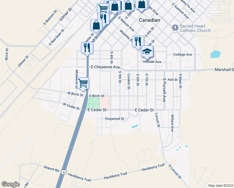 map of restaurants, bars, coffee shops, grocery stores, and more near 1015 South 5th Street in Canadian