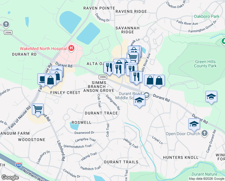 map of restaurants, bars, coffee shops, grocery stores, and more near 2904 Dahlgreen Road in Raleigh