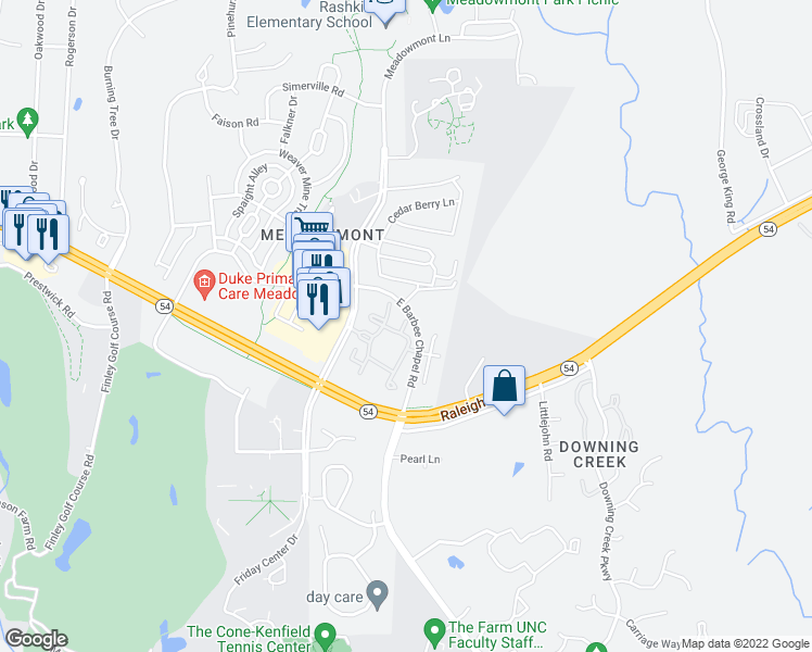 map of restaurants, bars, coffee shops, grocery stores, and more near 501 Village Crossing Drive in Chapel Hill