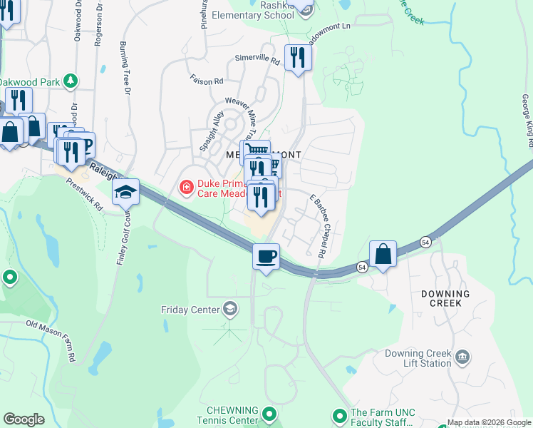 map of restaurants, bars, coffee shops, grocery stores, and more near 301 Meadowmont Village Circle in Chapel Hill