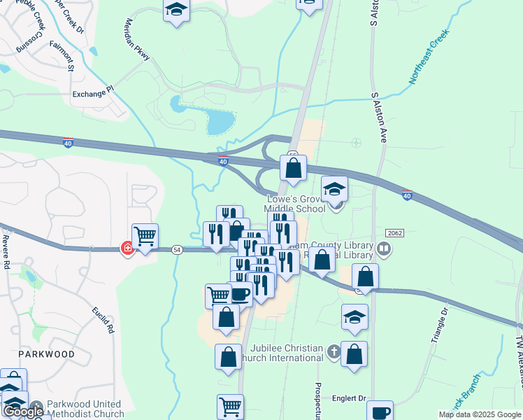 map of restaurants, bars, coffee shops, grocery stores, and more near 301 Residence Inn Boulevard in Durham