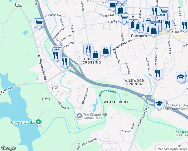 map of restaurants, bars, coffee shops, grocery stores, and more near 501 Jones Ferry Road in Carrboro