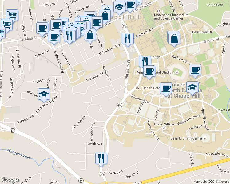 map of restaurants, bars, coffee shops, grocery stores, and more near Ransom Street & Briar Bridge Lane in Chapel Hill