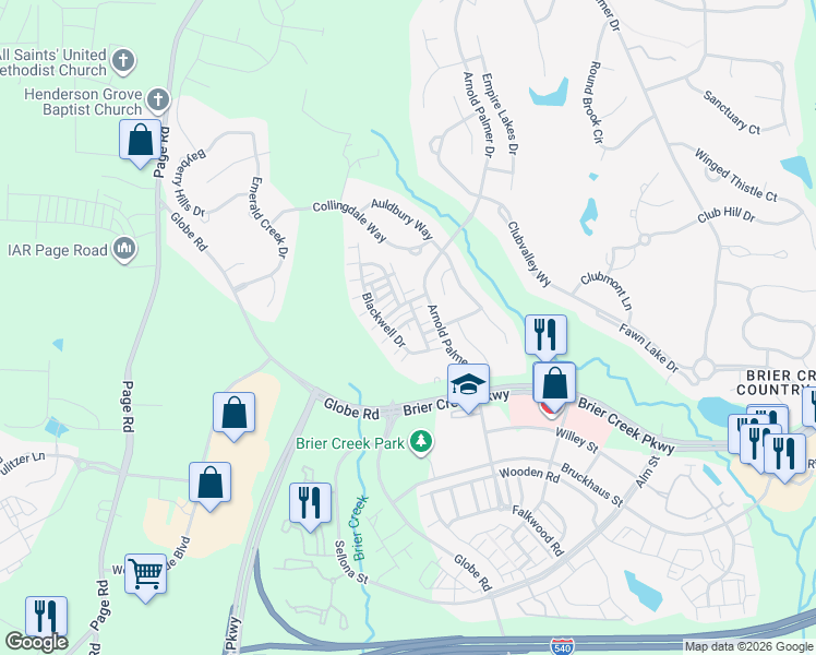 map of restaurants, bars, coffee shops, grocery stores, and more near 9820 Blackwell Drive in Raleigh