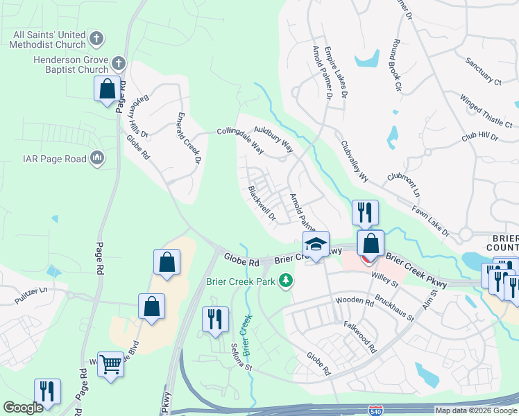 map of restaurants, bars, coffee shops, grocery stores, and more near 9912 Grettle Court in Raleigh