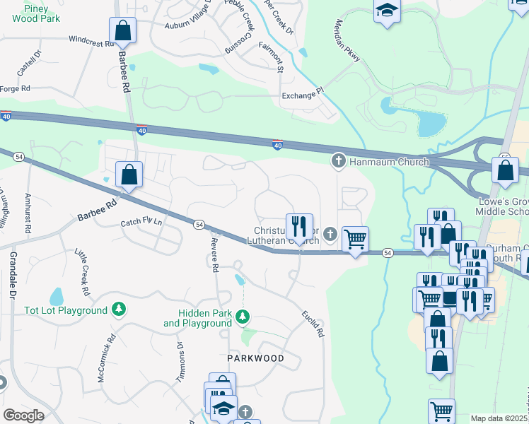 map of restaurants, bars, coffee shops, grocery stores, and more near 1501 Woodway Club Drive in Durham