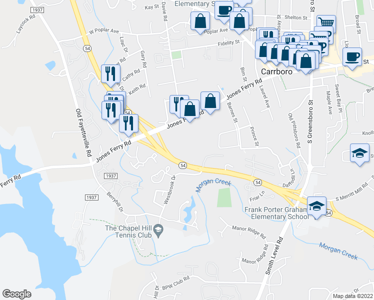 map of restaurants, bars, coffee shops, grocery stores, and more near 501 Jones Ferry Road in Carrboro