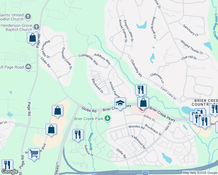 map of restaurants, bars, coffee shops, grocery stores, and more near 9703 Blackwell Drive in Raleigh