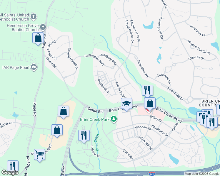 map of restaurants, bars, coffee shops, grocery stores, and more near 9820 Blackwell Drive in Raleigh