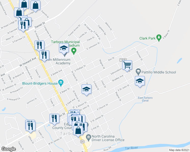 map of restaurants, bars, coffee shops, grocery stores, and more near 609 Martin Luther King Junior Drive in Tarboro