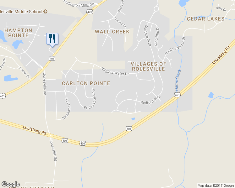 map of restaurants, bars, coffee shops, grocery stores, and more near 444 Barnard Castle Court in Rolesville