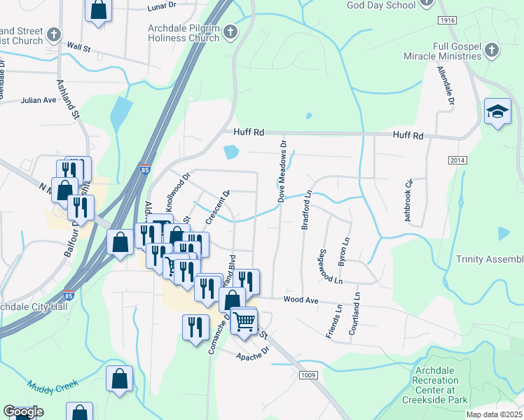 map of restaurants, bars, coffee shops, grocery stores, and more near 318 Tarheel Drive in Archdale