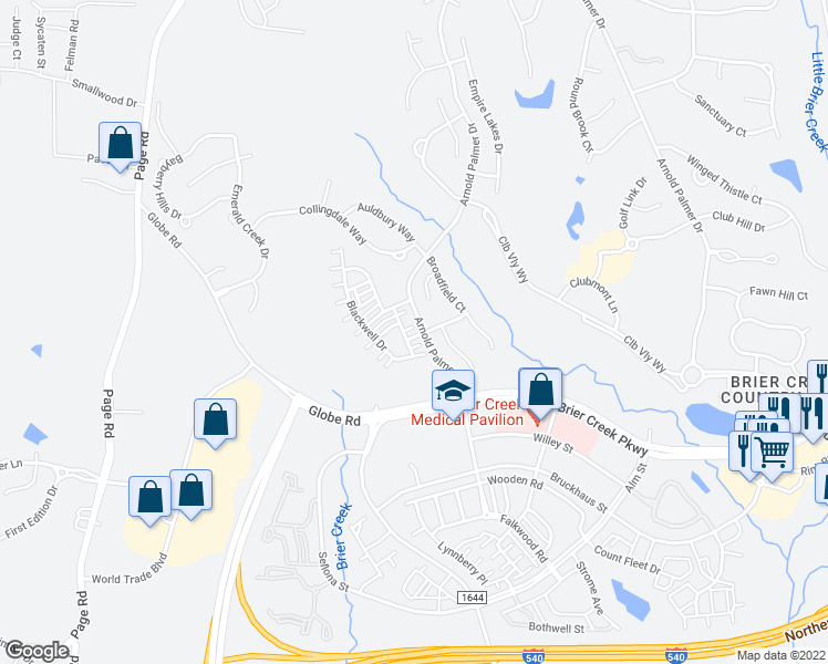 map of restaurants, bars, coffee shops, grocery stores, and more near 9706 Briertownes Parkway in Raleigh