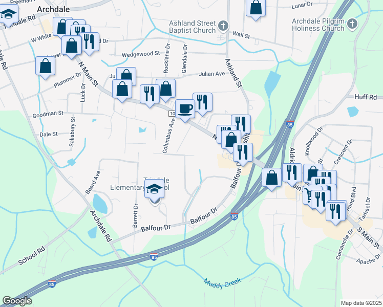 map of restaurants, bars, coffee shops, grocery stores, and more near 236 Davidson Street in Archdale
