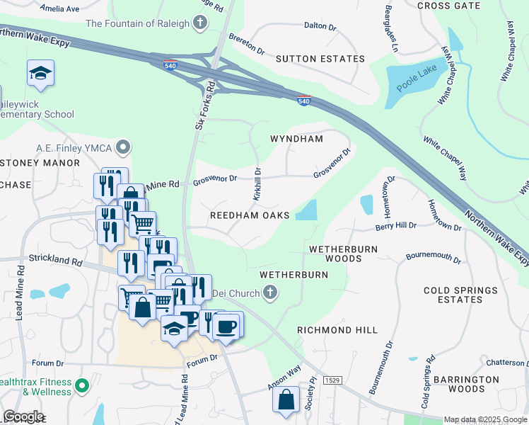 map of restaurants, bars, coffee shops, grocery stores, and more near 304 Gretton Place in Raleigh