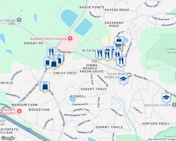 map of restaurants, bars, coffee shops, grocery stores, and more near 2512 Finley Ridge Lane in Raleigh