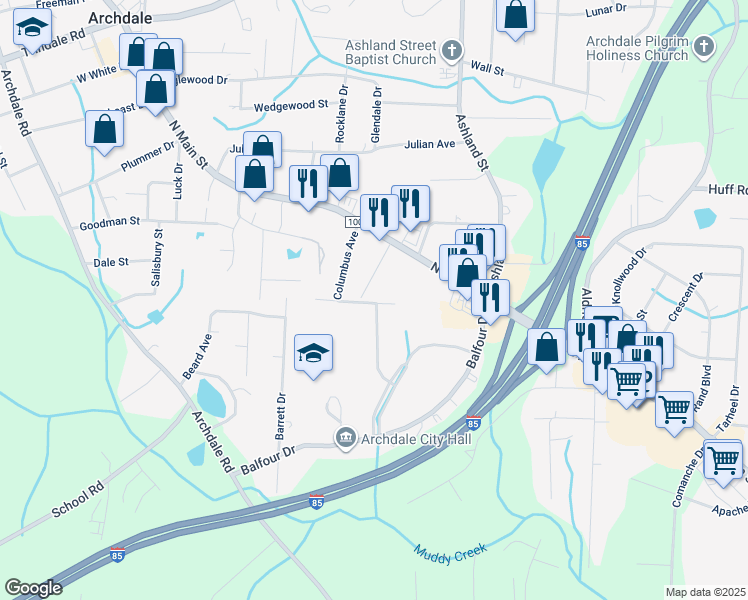 map of restaurants, bars, coffee shops, grocery stores, and more near 312 Davidson Street in Archdale